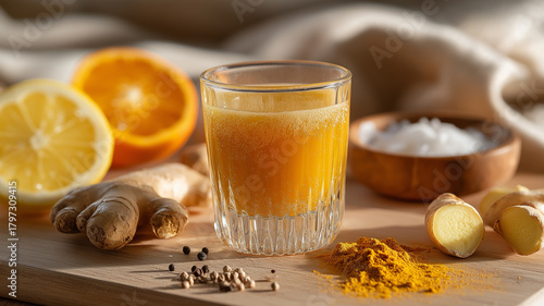 Brightly colored citrus turmeric immunity shot sits on a wooden table beside fresh ingredients Generative AI