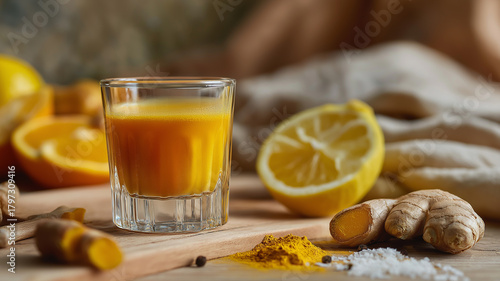 A vibrant turmeric shot with fresh lemons and ginger highlights health benefits Generative AI