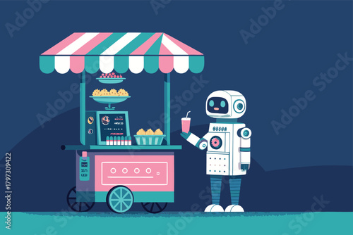 Futuristic street vendor robot dispensing bioluminescent pastries, neon lights, cyberpunk alley, cinematic lighting, vibrant colors, bokeh, detailed, 4k.