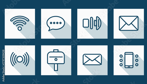 Collection of communication icons with long shadows on a blue background.