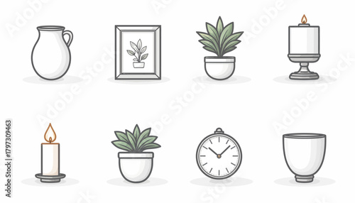 A collection of eight illustrated icons representing various home decor and household objects on a white background.