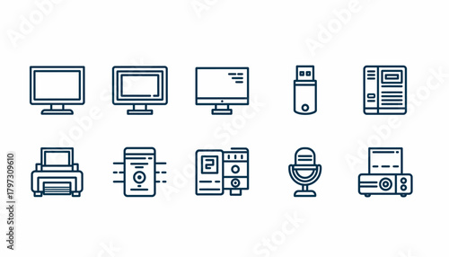 A collection of ten blue line art icons representing various computer hardware and electronic devices.