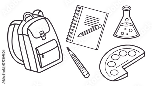 Isometric black and white line art set of school supplies including a backpack, notebook, pencil, flask, and palette.