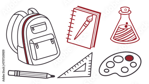 Collection of School and Art Supplies in a Hand-Drawn Style