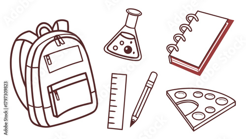 Simple brown outline doodle set of school and science items: backpack, flask, notebook, ruler, pencil, palette.