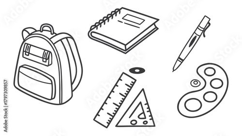 Outlined Backpack with Straps, Pocket, and Flap, Simple School Supplies.