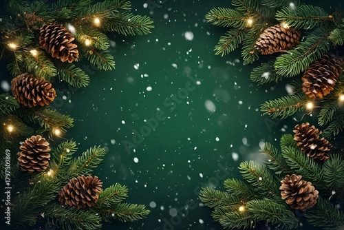 Wallpaper Mural A festive winter background with pine branches, pine cones, soft lights, falling snow, and a clean center space for Christmas greetings, seasonal holiday messages, banners, and invitations. Torontodigital.ca