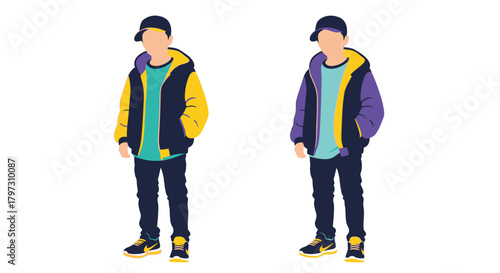 Two young men in stylish streetwear with vibrant color blocking