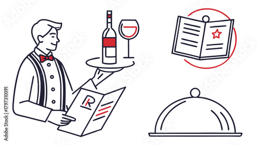 Elegant waiter holding tray with wine and menu illustration