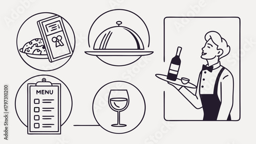 Smiling waiter in uniform holding a tray with a wine bottle and small dish, minimalist line art.