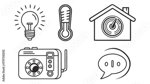 A collection of hand-drawn smart home icons in a black and white doodle style, representing automation and connectivity.