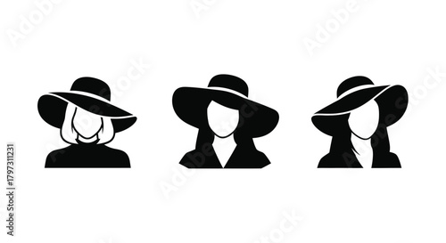 Elegant silhouettes of women wearing stylish wide brimmed hats in black