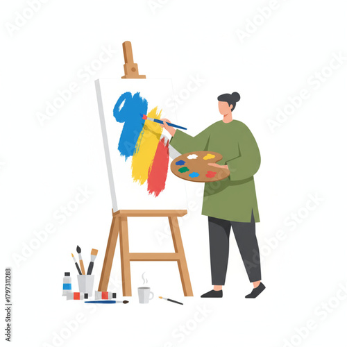 Artist Painting on Easel with Brush, Creative Hobby and Fine Art Concept
