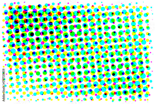 Multi-color halftone dot pattern with cyan, magenta, yellow, and black tones, perfect for print effects, retro design