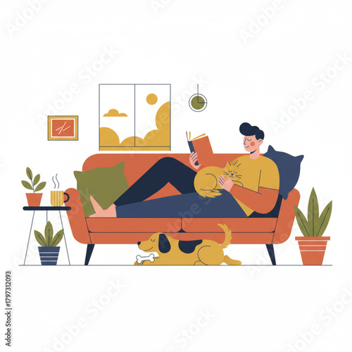 Man Reading Book Relaxing on Sofa at Home, Leisure Time Lifestyle