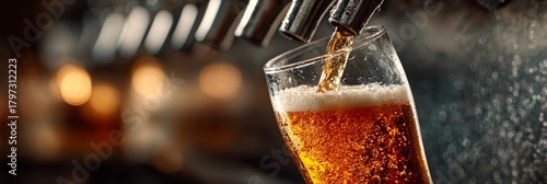 A glass of beer is poured into a glass from a tap