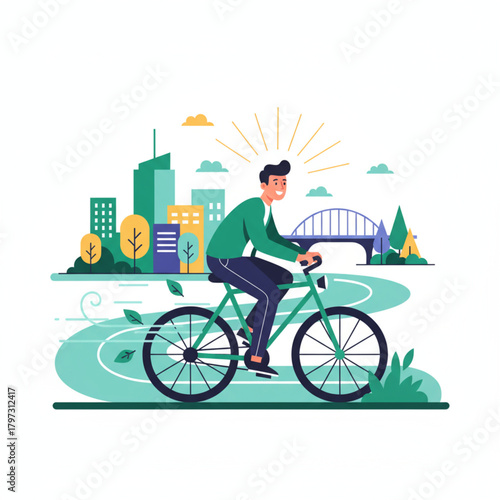 Man Cycling to Work in Modern Cityscape, Sustainable Commuting