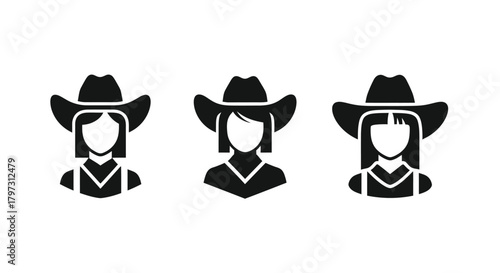 Three black silhouettes of women wearing cowboy hats side by side