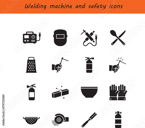 Welding Machine and Safety Icon Set — Industrial Tools, Protection Gear and Workshop Symbols

