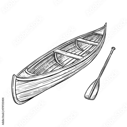 wooden canoe with paddle vector line art hand drawn illustration