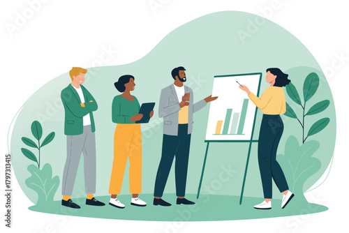 Professional team in modern office brainstorming innovative sales strategy, whiteboard charts, laptops, energetic discussion.