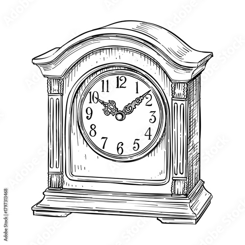 vintage mantle clock vector line art hand drawn illustration