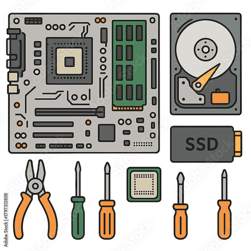 Flat lay of computer hardware components and repair tools including motherboard, RAM, CPU, SSD, and screwdrivers