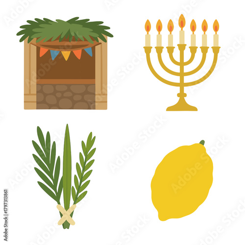 Collection of traditional Jewish religious symbols Sukkah Menorah Lulav Etrog