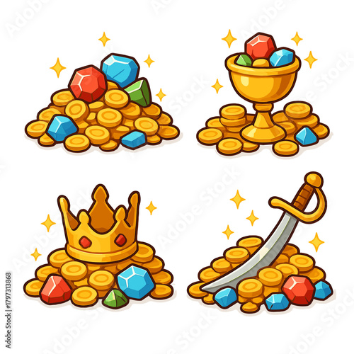 Four cartoon treasure piles featuring gold coins, colorful gems, crown, chalice, and sword