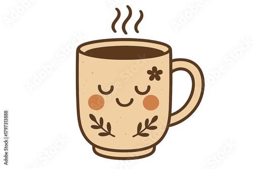 Cozy hot drink mug with a cheerful face and decorative leaves and flower design