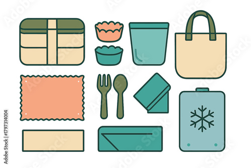 Reusable food storage containers, cutlery, and bags for zero waste lifestyle collection