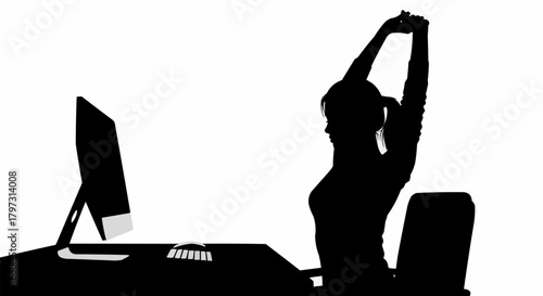 Silhouette of a woman stretching at her desk in office.