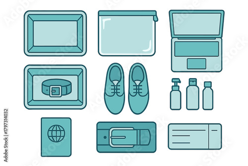 Flat lay arrangement of travel essentials including laptop, shoes, passport, and liquids for airport security check