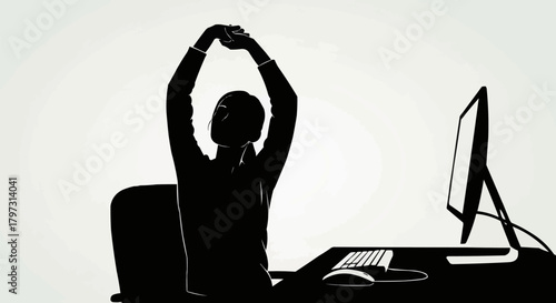 Silhouette of person stretching at desk, arms raised in a moment of relief.