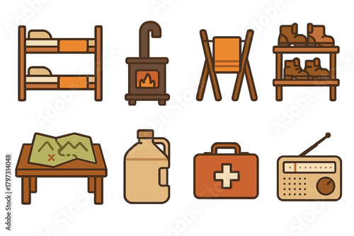 Essential items for camping and cabin living featuring beds stove map and first aid supplies