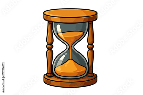 Traditional sand timer device with wooden frame and glass bulb with flowing orange sand