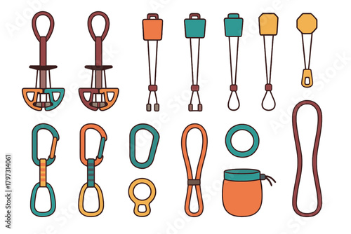 Colorful set of traditional and sport rock climbing protection hardware