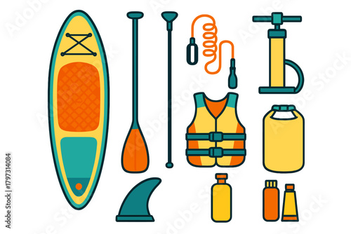 Essential stand-up paddle board gear set including paddle, life jacket, and pump