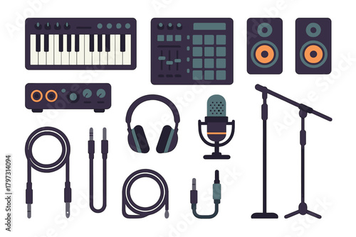 Professional music studio equipment collection including keyboard, mixer, monitors, microphone, and headphones