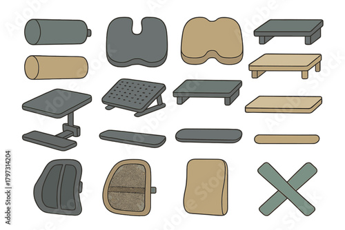 Set of ergonomic accessories including footrests, seat cushions, lumbar supports, and wrist rests