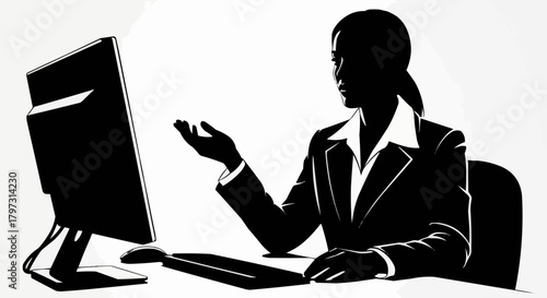 Businesswoman working on computer, focused and attentive, silhouette image.