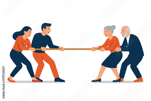 Young and senior teams competing in a tug of war game symbolizing generational conflict