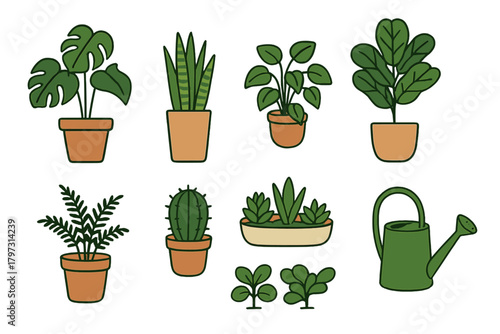 Assortment of decorative green potted houseplants and a watering can for indoor gardening