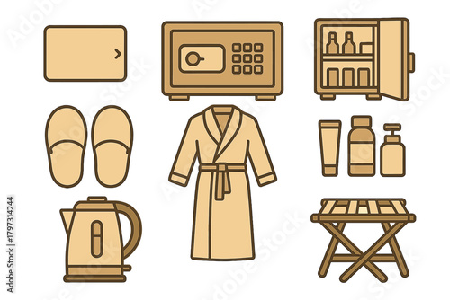 Collection of essential hotel room amenities including safe, minibar, bathrobe, slippers, and kettle