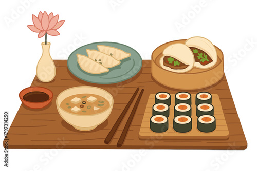 Asian cuisine spread with sushi, dumplings, bao buns, and miso soup on a wooden table