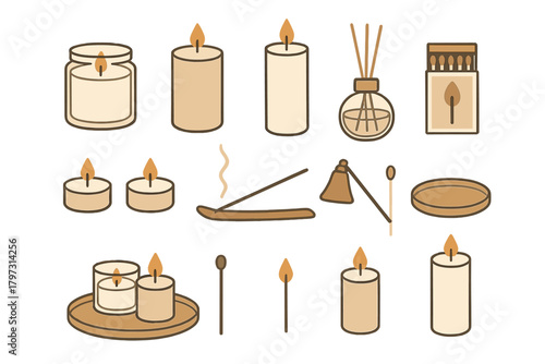 Aromatherapy and relaxation objects including burning candles, incense sticks, and reed diffusers