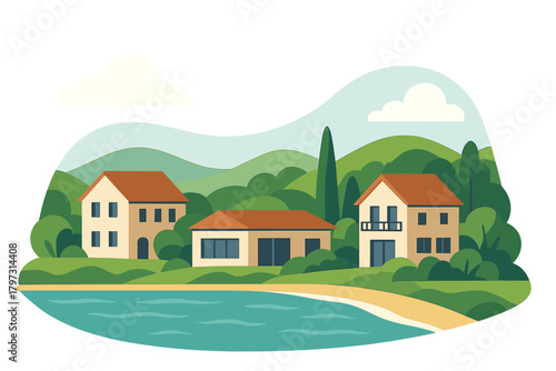 Mediterranean style houses on a sandy beach shore with rolling green hills and calm water