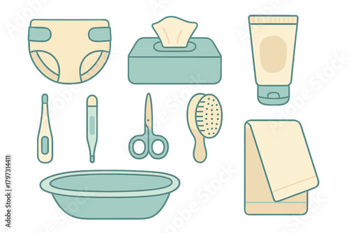 Collection of newborn baby care essentials: diaper, wipes, lotion, thermometer, brush, and basin