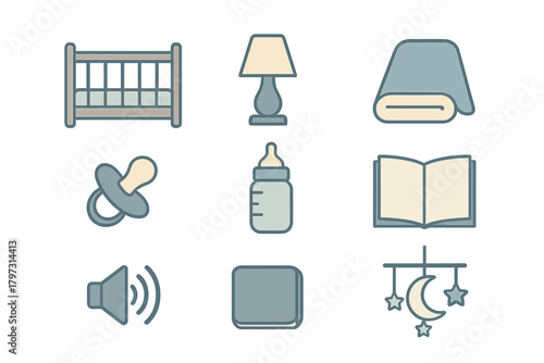 Minimalist symbols for baby sleep, nursery furniture, and nighttime routine elements