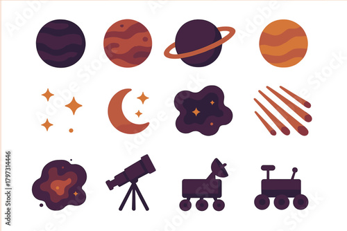 Astronomy and space travel icons with planets, celestial bodies, telescope, and planetary rovers